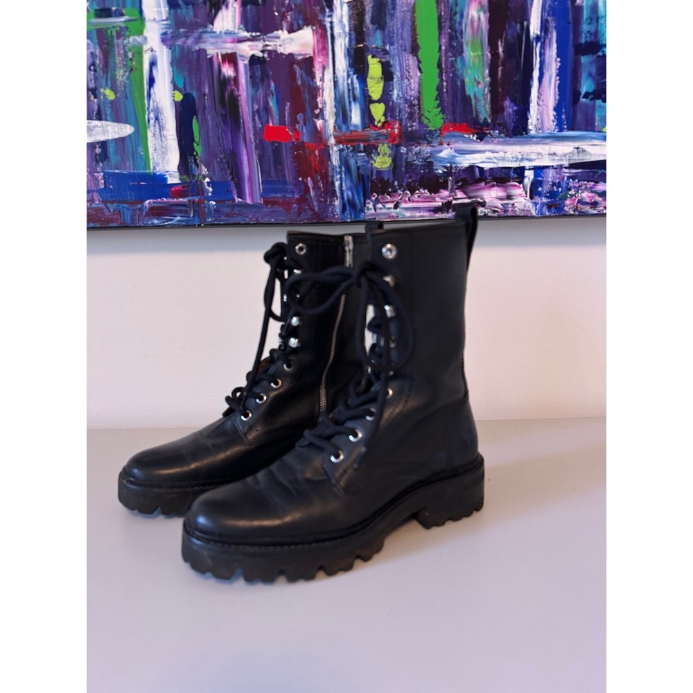Frye VeronicaBlack Leather Lace Up Side Zip Lug Sole Combat Boots
